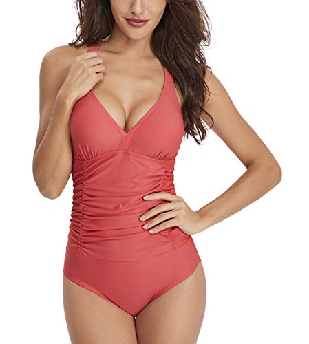 Mujer Trajes de Baño Una Pieza V-Cuello Push-up Monokini Push-up Acolchado Adelgazante Bikini(Coral L)