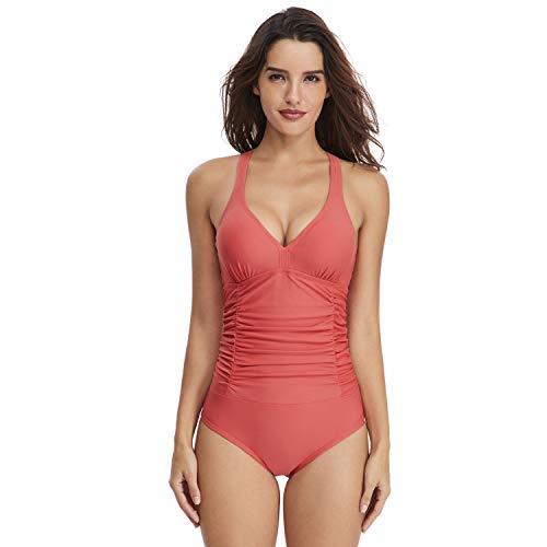 Mujer Trajes de Baño Una Pieza V-Cuello Push-up Monokini Push-up Acolchado Adelgazante Bikini(Coral L)