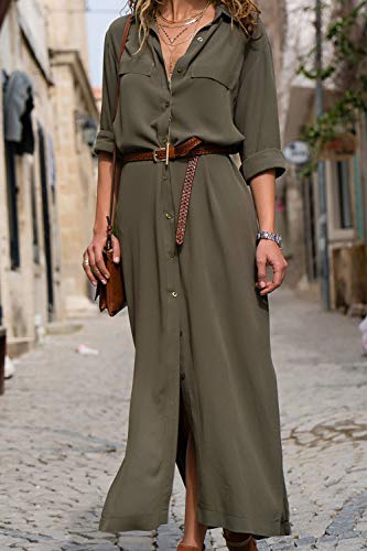 Mujer Vestidos Largos Casual Camiseros Manga Larga Botón Lateral De Hendidura Vestido De Fiesta Verde S