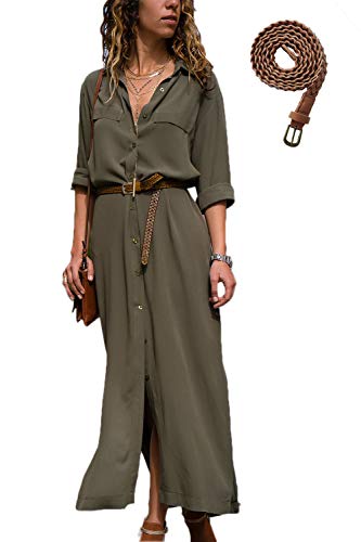 Mujer Vestidos Largos Casual Camiseros Manga Larga Botón Lateral De Hendidura Vestido De Fiesta Verde S