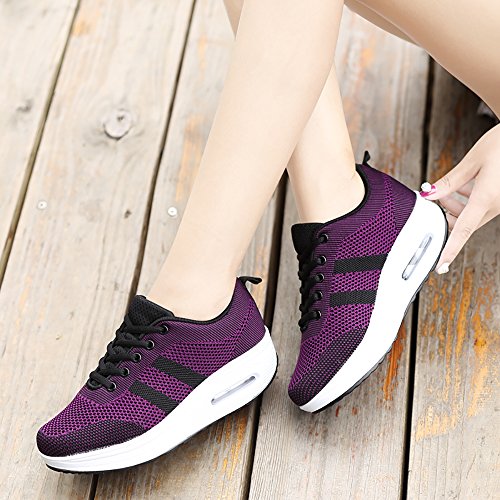 Mujer Zapatillas de Deporte Cuña Zapatos para Correr Plataforma Sneakers con Cordones Calzado de Malla Air Tacón 5cm Negro Rosa Morado Blanco 34-39 Morado 35