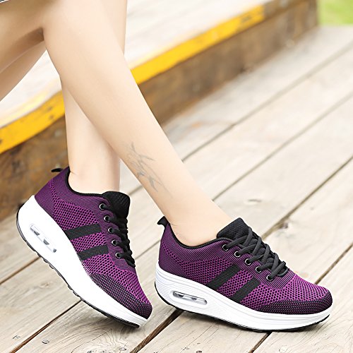 Mujer Zapatillas de Deporte Cuña Zapatos para Correr Plataforma Sneakers con Cordones Calzado de Malla Air Tacón 5cm Negro Rosa Morado Blanco 34-39 Morado 35