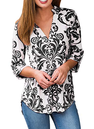 Mujeres Camisa Elegante Blusa Mangas Largas Camiseta Polsillo Escote V (Negro, L/EU 40-42)