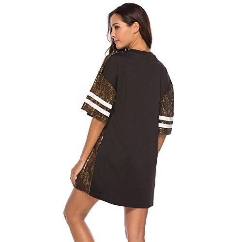 Mujeres Casual Manga 3/4 Camiseta Tops Chaleco Vestido Lentejuelas Blusa Camiseta Cuello Redondo Mini Vestidos Sueltos Tops de Verano Chicas Adolescentes Hip Hop Ropa de Baile Tallas Grandes