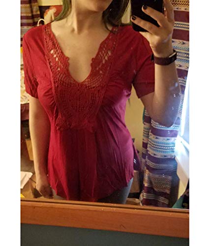 Mujeres V Cuello Manga Corta Moda para Tops Pecho de Encaje Básico Ruffled con Volantes Vivid Rojo Fiesta - M