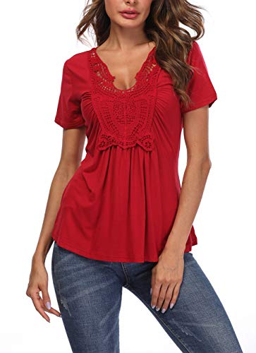 Mujeres V Cuello Manga Corta Moda para Tops Pecho de Encaje Básico Ruffled con Volantes Vivid Rojo Fiesta - M