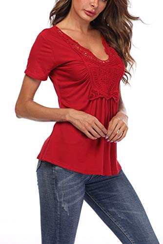 Mujeres V Cuello Manga Corta Moda para Tops Pecho de Encaje Básico Ruffled con Volantes Vivid Rojo Fiesta - M