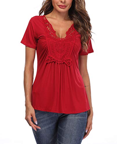 Mujeres V Cuello Manga Corta Moda para Tops Pecho de Encaje Básico Ruffled con Volantes Vivid Rojo Fiesta - M