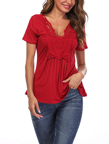 Mujeres V Cuello Manga Corta Moda para Tops Pecho de Encaje Básico Ruffled con Volantes Vivid Rojo Fiesta - M