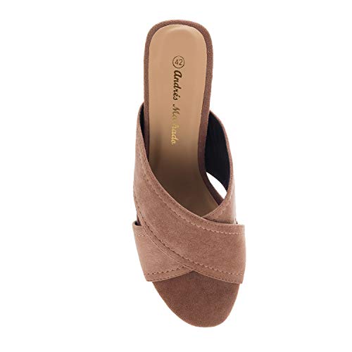 Mules en Ante con tacón Ancho forado al Tono para Verano de Mujer- AM5441 - Sandalias Tacón cómodo - Color Maquillaje Talla EU 42