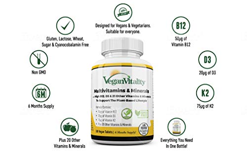 Multivitaminas y minerales veganos con vitamina B12, D3 y K2 de alta resistencia. 180 tabletas multivitamínicas - 6 meses de suministro. Diseñado para veganos y vegetarianos