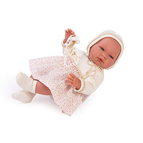 Muñecas Así Bebe María con Vestido de Flores Rosas y madroñitos Beige. Cuerpo articulado y Tacto Especial. 43 cm.