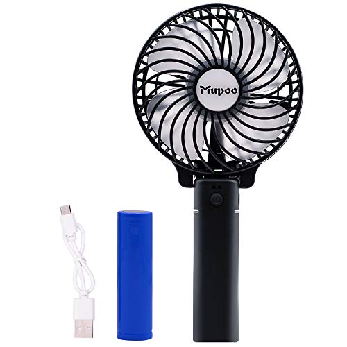 Mupoo Ventilador USB, Ventilador Portátil de Mano Plegable de 3 Velocidades, con Batería Recargable de 1200 mAh y Cable USB, Mini Ventilador para Oficina Hogar Fitness Cochecito de Bebé (Negro)