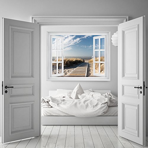 murimage Papel Pintado Playa Ventana 183 x 127 cm Incluyendo Pegamento océano maritimo Puente 3D Dormitorio Foto Murales