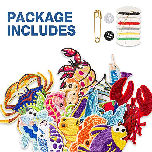 MUSCCCM Parches Ropa 16 Pcs Vida Marina Termoadhesivos DIY Coser O Planchar En Los Parches Apliques para Ropa Camiseta Jeans Sombrero Pantalon Bolsas Incluye Un Set De Kits De Costura