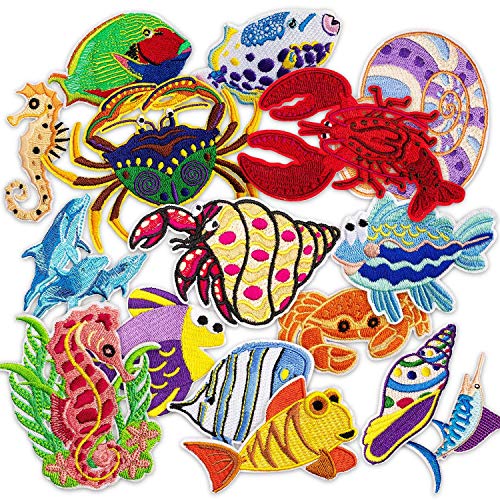 MUSCCCM Parches Ropa 16 Pcs Vida Marina Termoadhesivos DIY Coser O Planchar En Los Parches Apliques para Ropa Camiseta Jeans Sombrero Pantalon Bolsas Incluye Un Set De Kits De Costura