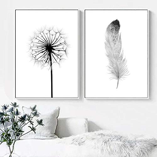 MXmama Diente de león Acuarela Pluma Negro Blanco Arte de la Pared Pintura de la Lona Carteles e Impresiones nórdicos Cuadros de la Pared/Decoración de la Sala de estar-50cmx70cmx3 sin Marco