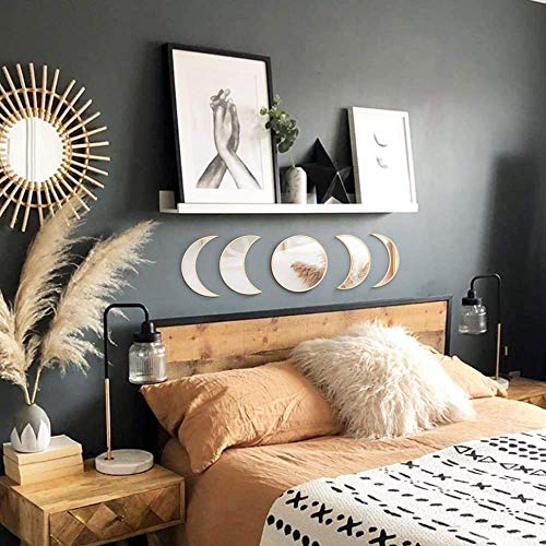 N /A Escandinavo Natural Decor Acrílico Espejo de Fase Luna de Madera Espejo de Pared Bohemia Decoración de Pared Decoración para Habitaciones