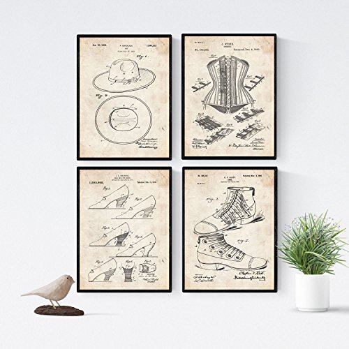 Nacnic Vintage - Pack de 4 Láminas con Patentes de Moda. Set de Posters con inventos y Patentes Antiguas. Elije el Color Que Más te guste. Impreso en Papel de 250 Gramos