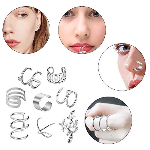 NACTECH 8 Pares Clip de Oreja de Acero Inoxidable Pendientes Cartilago Oreja sin Agujero Clip sin Perforación Puño de Oreja Cartilago 8/10mm Pendientes Oreja Falsos para Mujeres Chicas 8 Estilos