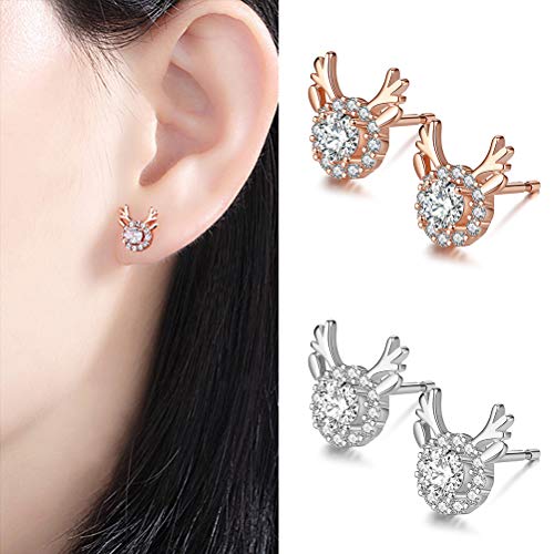 Naduew Pendientes de Navidad, 2 Pares de Pendientes de Renos navideños con Tachuelas de Cristal Brillante, Pendientes de Navidad, Regalo de joyería para Festivales navideños para Mujeres y niñas