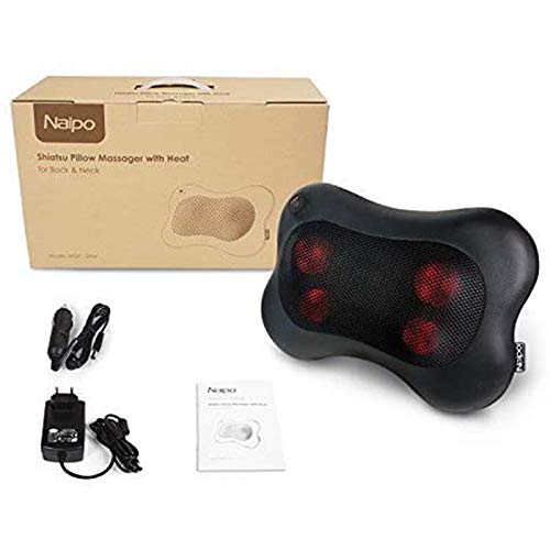 Naipo Almohada de Masaje para Cuello y Espalda Shiatsu Cojín Masajeador de PU con Función de Calor para Relajar las Contracturas y Dolores Musculares en Casa, Oficina - Negro