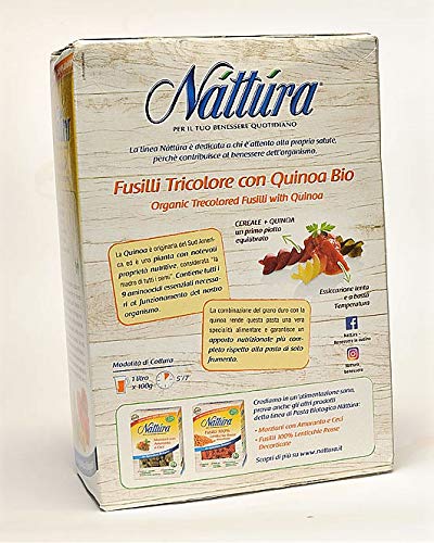 Nattura Fusilli Tricolore con quinua orgánica de Vegan OK Grano Duro 100% italiano - 3 x 350 gramos