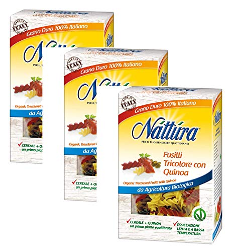 Nattura Fusilli Tricolore con quinua orgánica de Vegan OK Grano Duro 100% italiano - 3 x 350 gramos