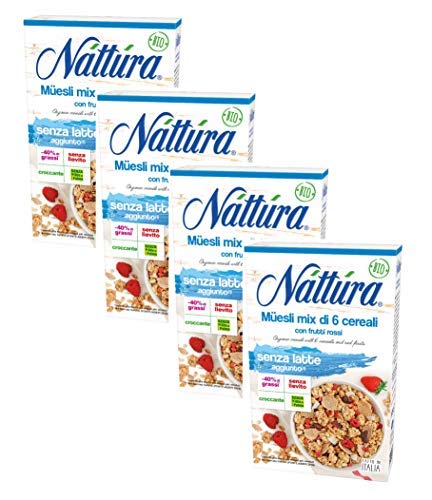 Nattura Muesli Mezcla orgánica de 6 cereales con frutos rojos sin levadura y sin aceite de palma - 4 x 300 gramos