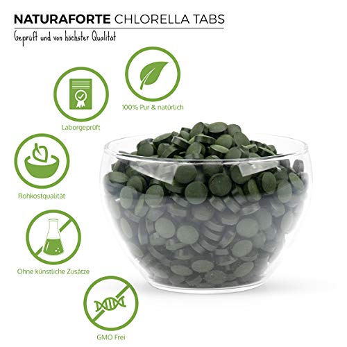NaturaForte Chlorella 600 Comprimidos de 250mg - 100% pura. Algas Chlorella Vulgaris sin aditivos, con clorofila, vitamina A / B2 / E. Preparado a mano en Alemania