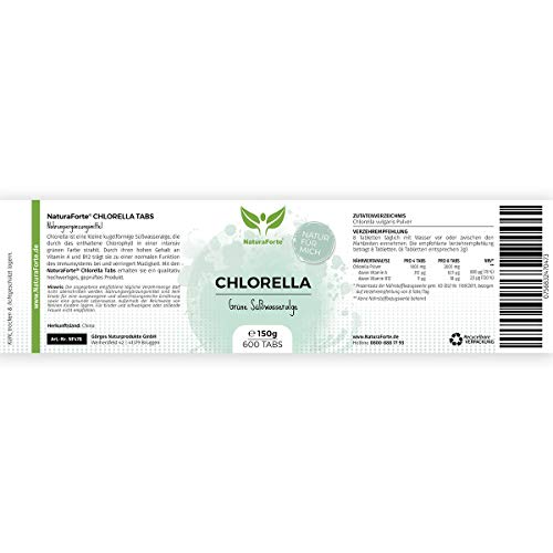 NaturaForte Chlorella 600 Comprimidos de 250mg - 100% pura. Algas Chlorella Vulgaris sin aditivos, con clorofila, vitamina A / B2 / E. Preparado a mano en Alemania