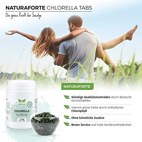 NaturaForte Chlorella 600 Comprimidos de 250mg - 100% pura. Algas Chlorella Vulgaris sin aditivos, con clorofila, vitamina A / B2 / E. Preparado a mano en Alemania