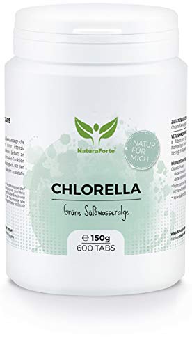 NaturaForte Chlorella 600 Comprimidos de 250mg - 100% pura. Algas Chlorella Vulgaris sin aditivos, con clorofila, vitamina A / B2 / E. Preparado a mano en Alemania