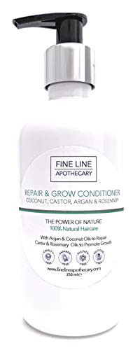 Natural - ACONDICIONADOR - REPARA Y CRECE - ACEITE DE COCO, RICINO, ARGÁN Y ROMERO 250 ml - por Fine Line Apothecary - Sin Sulfatos, Sin Parabenos, Sin Silicona. Concentrado, Fàcil de Enjuagar.