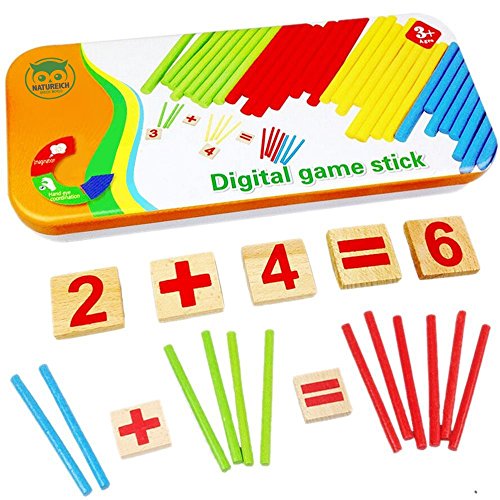 Natureich Montessori Juguete educativo de matemáticas de madera con caja de metal incluida para almacenar Aprendizaje de números con varillas de madera Coloridas
