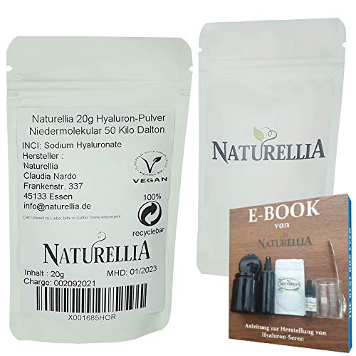 Naturellia Acido Hialuronico Polvo 20 Gramos 50 k-Dalton Altamente Concentrado - Bajo Peso Molecular Para el Efecto de Profundidad - Solo Mezclar una Crema Antienvejecimiento en el Hogar DIY