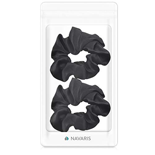 Navaris 2x Coletero de seda para pelo - Gomas para el cabello forradas en tela - Pack de 2x cinta elástica para moños trenzas - Scrunchies en negro