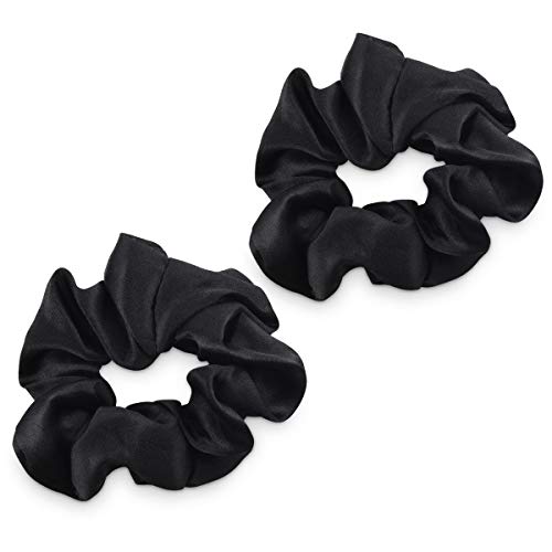 Navaris 2x Coletero de seda para pelo - Gomas para el cabello forradas en tela - Pack de 2x cinta elástica para moños trenzas - Scrunchies en negro