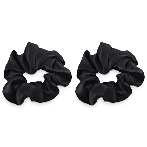 Navaris 2x Coletero de seda para pelo - Gomas para el cabello forradas en tela - Pack de 2x cinta elástica para moños trenzas - Scrunchies en negro