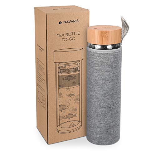 Navaris Botella de Agua de Cristal - Termo para té de 500 ML de Vidrio de borosilicato - Tetera con Filtro para té de Acero Tapa y Funda de Neopreno