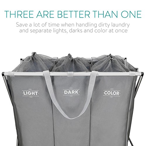 Navaris Cesta para Ropa Sucia de 3 Compartimentos - Organizador de Colada 65x38x55cm - cesto de lavandería para Ropa de Color Oscura Clara - en Gris