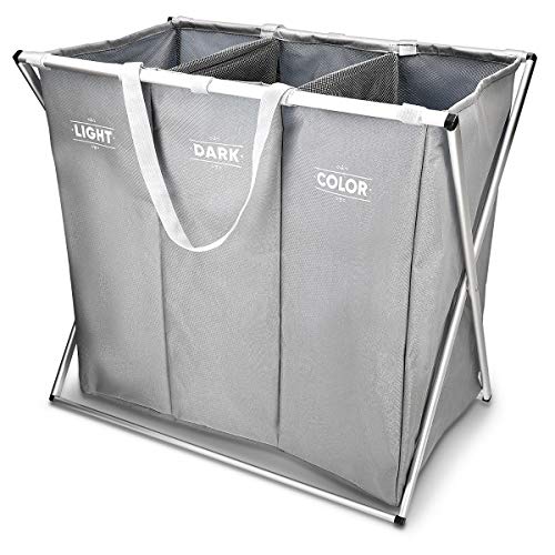 Navaris Cesta para Ropa Sucia de 3 Compartimentos - Organizador de Colada 65x38x55cm - cesto de lavandería para Ropa de Color Oscura Clara - en Gris