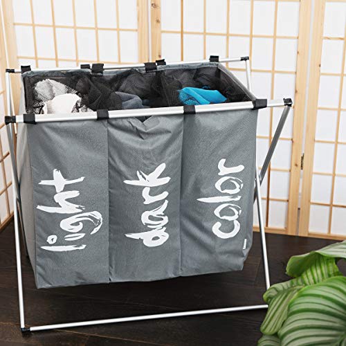 Navaris Cesto para Ropa Sucia - Cesta para la Colada con 3 Compartimentos y Cierre de Malla - Cesto Plegable para Lavar y Separar la Ropa - con Asas