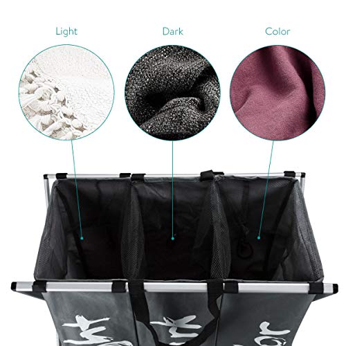 Navaris Cesto para Ropa Sucia - Cesta para la Colada con 3 Compartimentos y Cierre de Malla - Cesto Plegable para Lavar y Separar la Ropa - con Asas