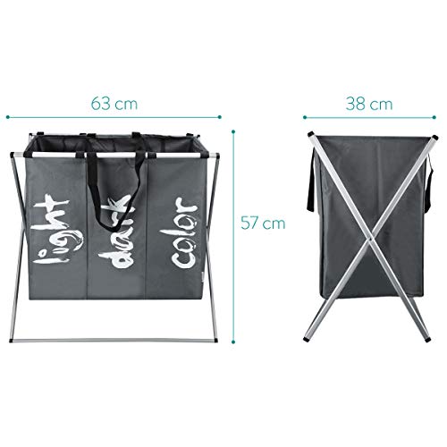 Navaris Cesto para Ropa Sucia - Cesta para la Colada con 3 Compartimentos y Cierre de Malla - Cesto Plegable para Lavar y Separar la Ropa - con Asas