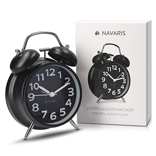 Navaris Despertador Retro de Metal - Reloj Despertador analógico con Doble Campana - Despertador Vintage con luz Nocturna y Alarma de Color Negro