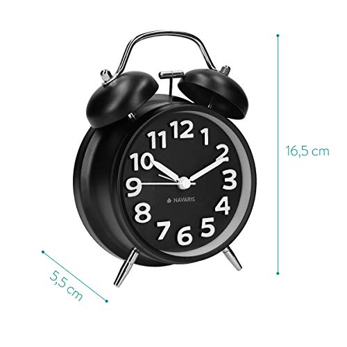 Navaris Despertador Retro de Metal - Reloj Despertador analógico con Doble Campana - Despertador Vintage con luz Nocturna y Alarma de Color Negro