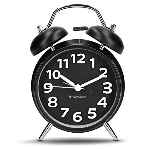 Navaris Despertador Retro de Metal - Reloj Despertador analógico con Doble Campana - Despertador Vintage con luz Nocturna y Alarma de Color Negro