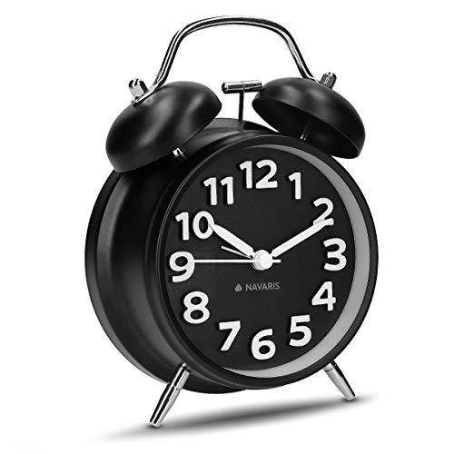 Navaris Despertador Retro de Metal - Reloj Despertador analógico con Doble Campana - Despertador Vintage con luz Nocturna y Alarma de Color Negro