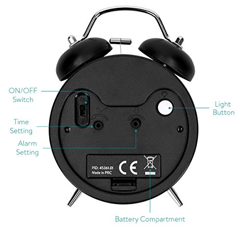 Navaris Despertador Retro de Metal - Reloj Despertador analógico con Doble Campana - Despertador Vintage con luz Nocturna y Alarma de Color Negro